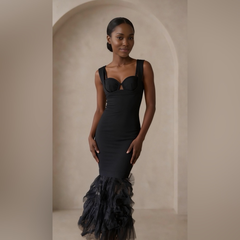 Fashion Nova Black Maxi Dress with Tulle Ruffle Hem